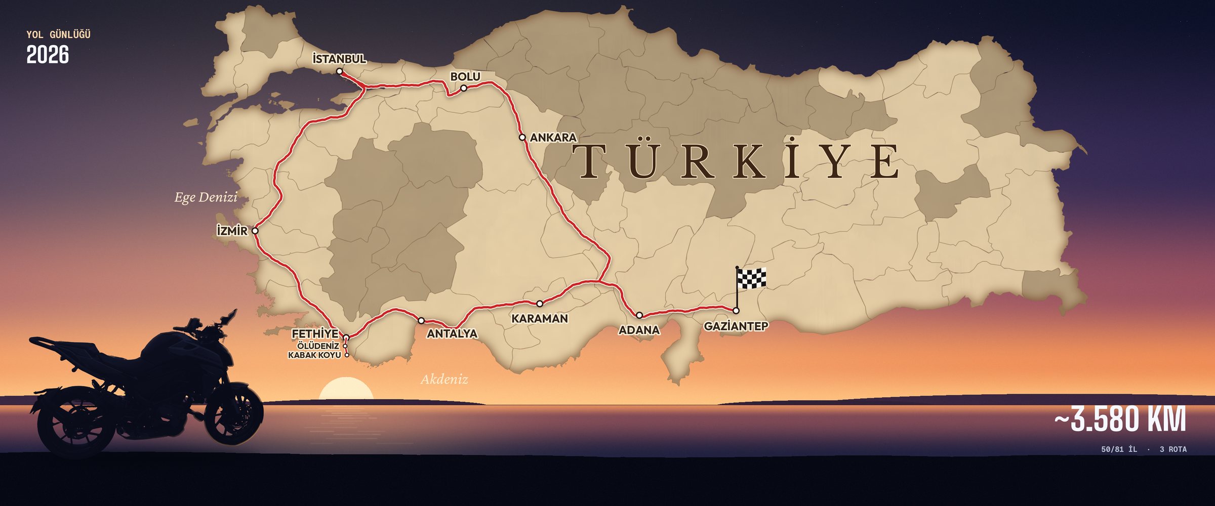 Gaziantep, İstanbul ve Fethiye arasındaki tur rotasının Türkiye haritası üzerinde gösterimi